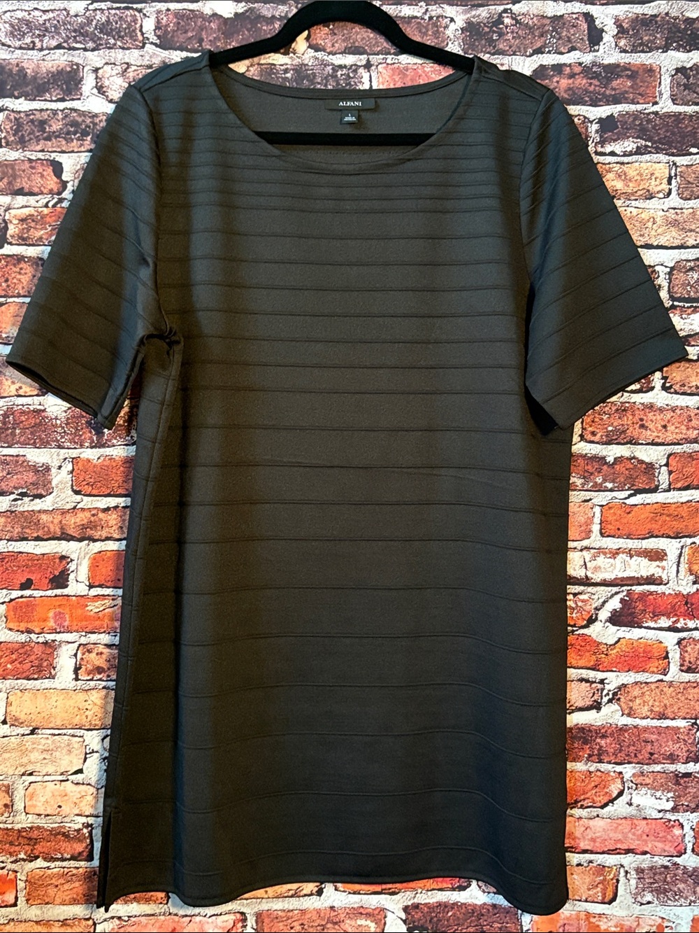 Alfani Black Short-Sleeve Striped Texture Crewneck Dressy Tee Size Large
